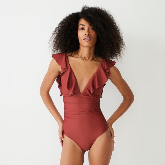 J. Crew Other - New J.Crew Ruffle V-Neck Warm Chimney Ruched One-Piece Swimsuit P1076